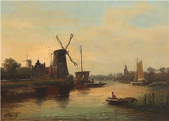 Holländische Kanallandschaft mit Häusern, Windmühlen und Booten - Peter August