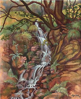 Waldlandschaft mit kleinem Wasserfall - Franz Geissel