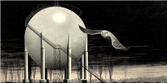 Nightview of an owl flying past a gas storage tank - W. Stil