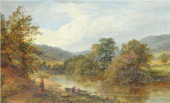 Highland River Scene with Fishing Boats The River Doe, North Wales - M.E. Dockree