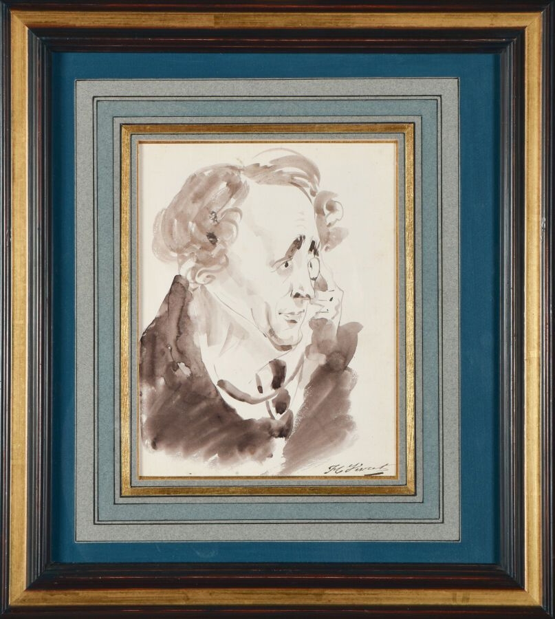 Artwork by Horace Vernet, Portrait of Pouchard with a monocle, Made of Brush, brown ink and brown wash