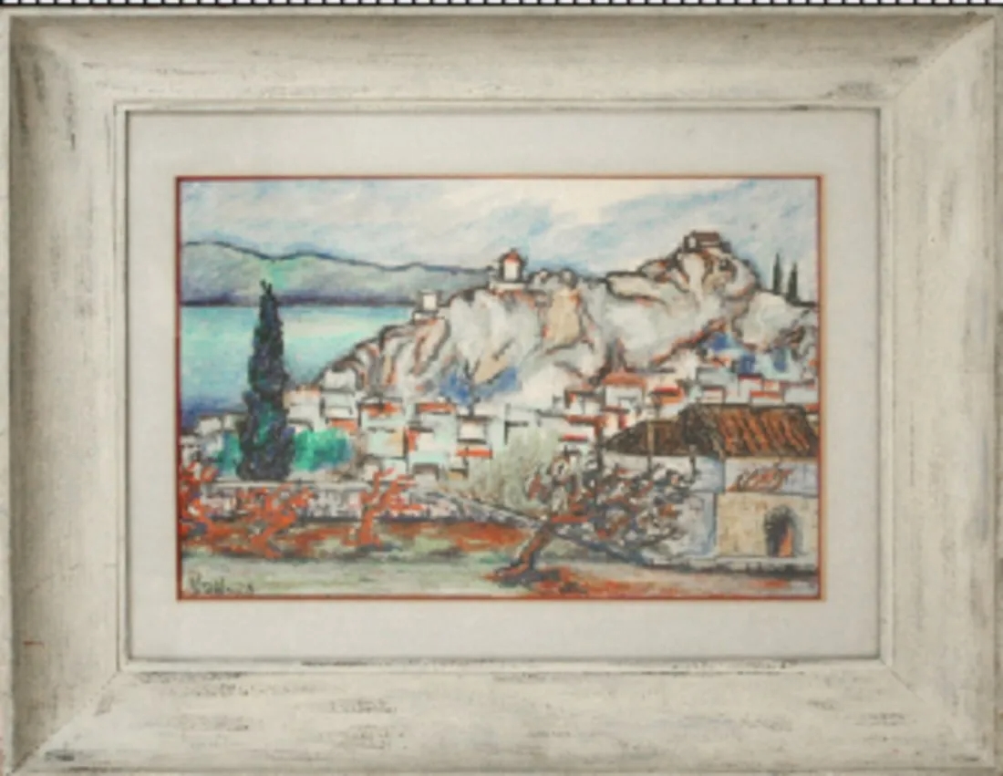 Artwork by Georg Balder, Village On The Lake, Made of pastel on paper