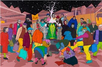A vibrant, crowded street scene at night featuring a diverse group of people gathered around a central figure in a glowing green robe.