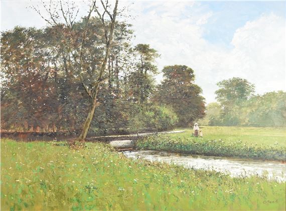 Mother and Child walking through a Meadow beside a stream by Charles Neal