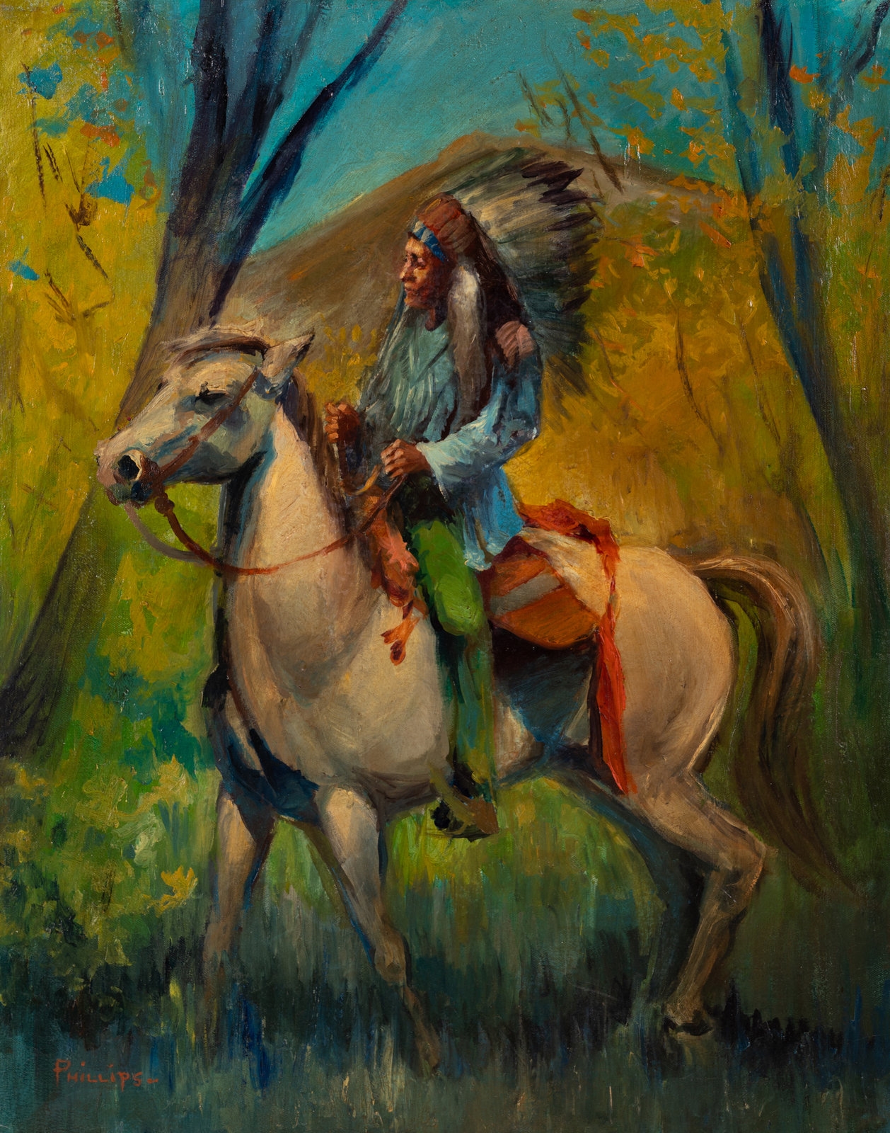 Artwork by Bert Phillips, Indian Warrior on Horseback, Made of oil on canvas