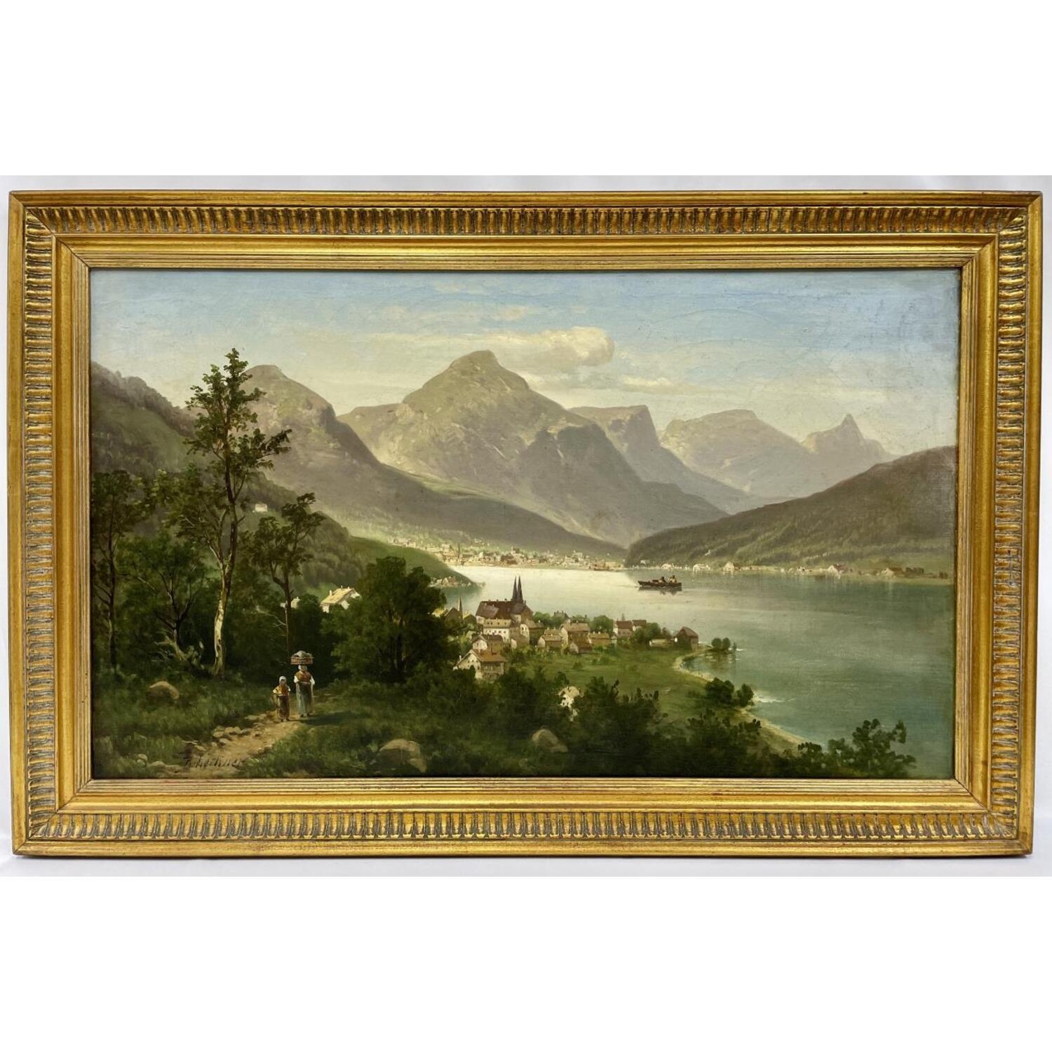 Artwork by Robert Lechner, Village and Lake Scene, Made of Oil on Canvas
