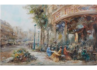 マリオ・パッソーニ作 「Café De Paris」(油絵) Mario Passoni (b. 1929),