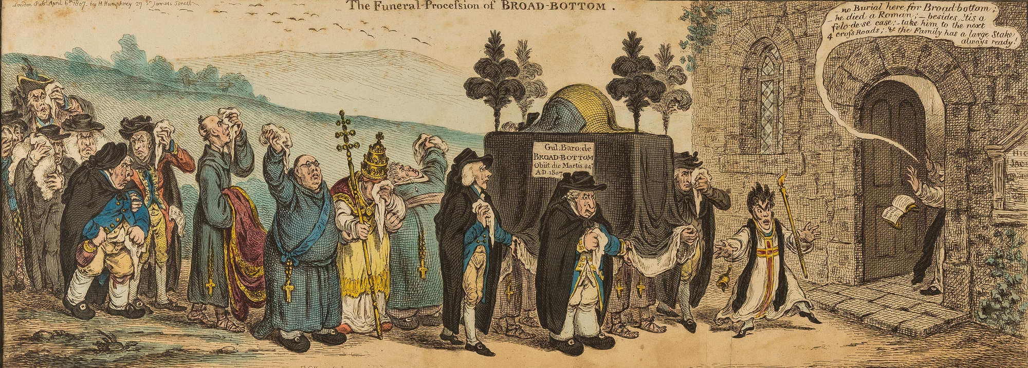 Artwork by James Gillray, The funeral procession of Broad-Bottom, Made of etching with original hand-colouring, on wove paper