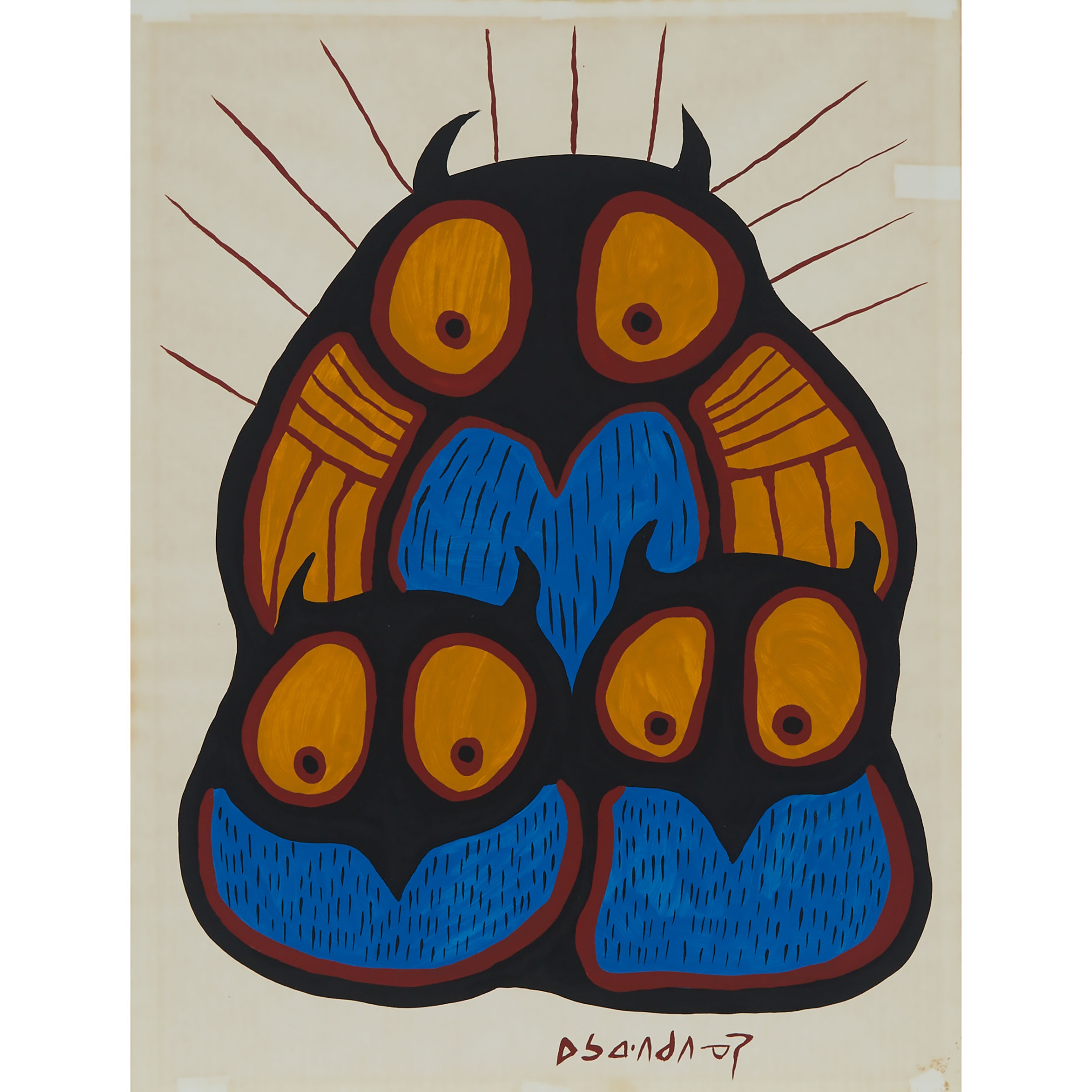 Artwork by Norval Morrisseau, OWL AND YOUNG, Made of acrylic on paper