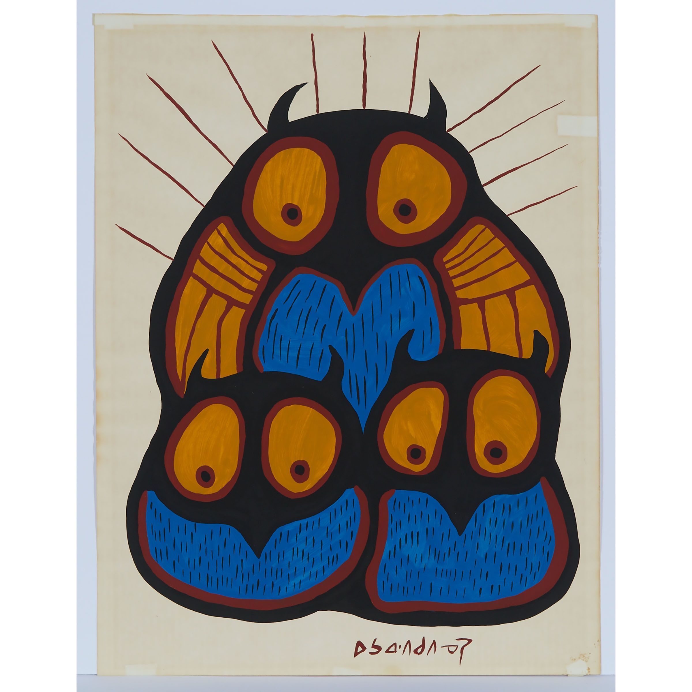 Artwork by Norval Morrisseau, OWL AND YOUNG, Made of acrylic on paper