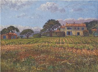 A sun-drenched rural landscape featuring a stone farmhouse, vineyards, and distant hills under a cloudy sky.