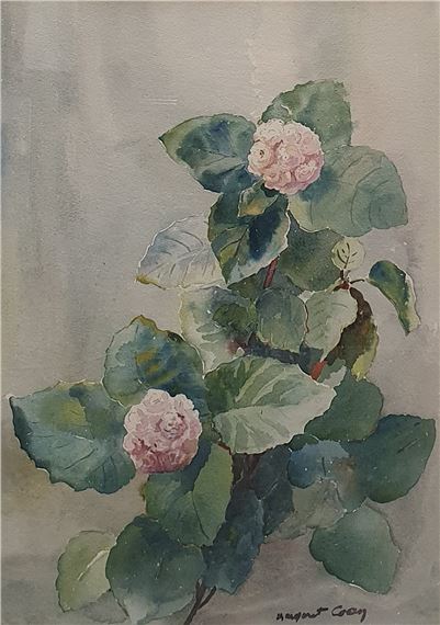 untitled (pink flowers on green) by Margaret Coen