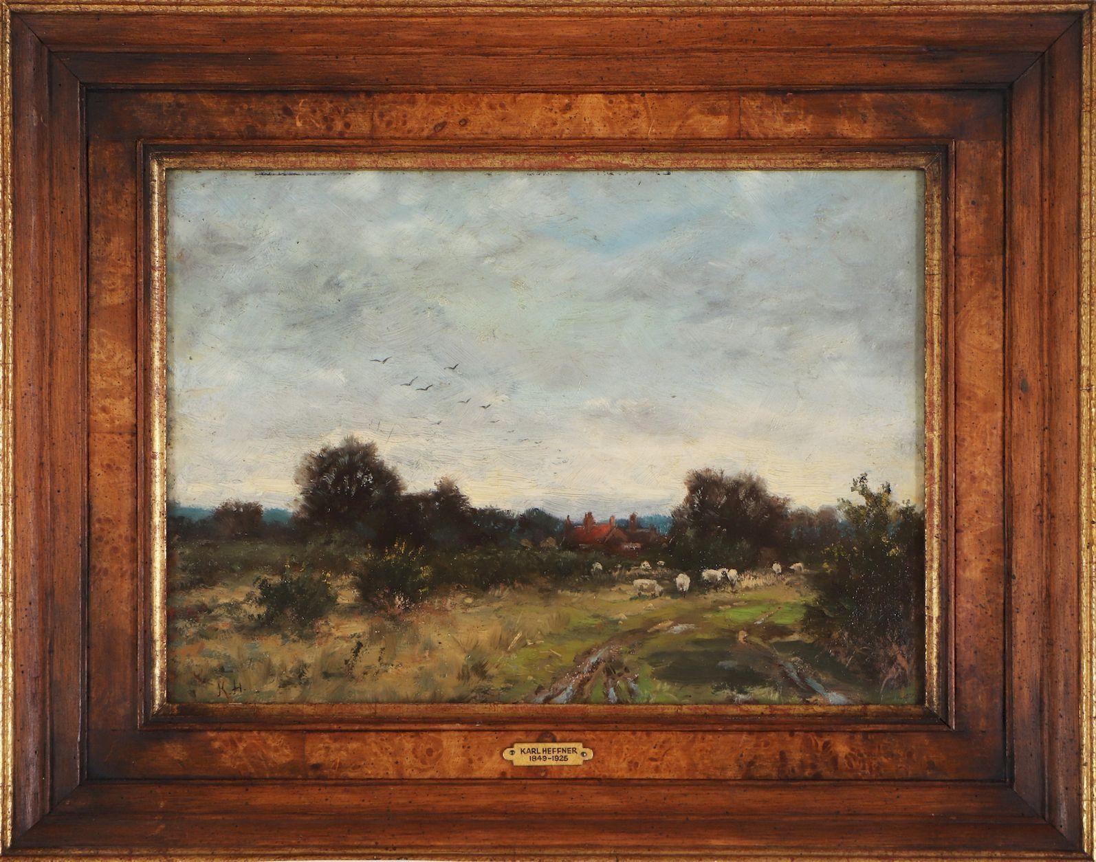Artwork by Karl Heffner, Schafe auf Feldweg, im Hintergrund ein Gehoeft, Made of Oil on wood