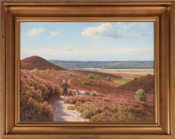 Hirtenjunge mit 2 Schafen in Heidelandschaft by Axel Birkhammer