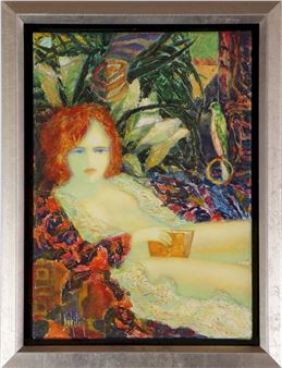 Liegender weiblicher Halbakt mit in den Schoss gelegtem Buch und Wellensittich - Alexander Nikitin