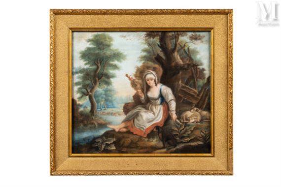 Tableau sur toile Un paysage avec un berger et une bergère au repos - tableau de