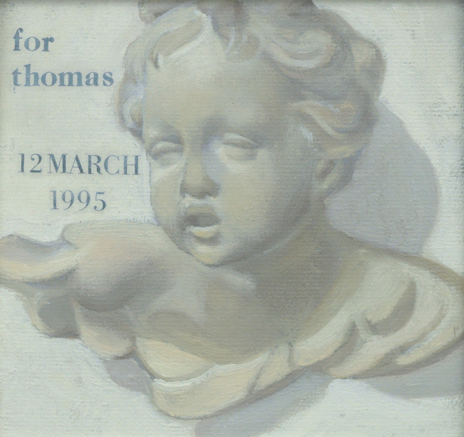 Artwork by Alison Watt, Cherub with dedication, Made of oil on board