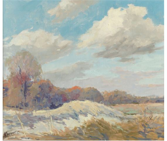 A serene landscape painting of a winter scene with snow-covered ground and distant trees under a cloudy sky.