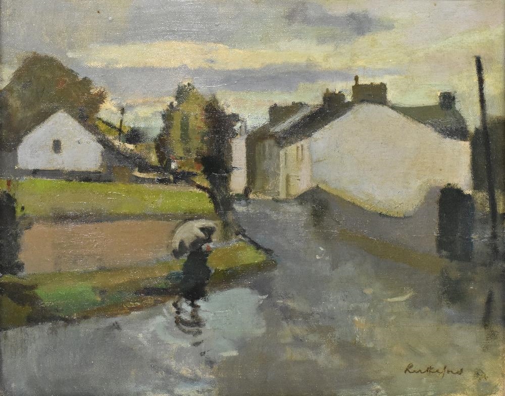 Harry Rutherford | Figure holding umbrella in street scene | MutualArt