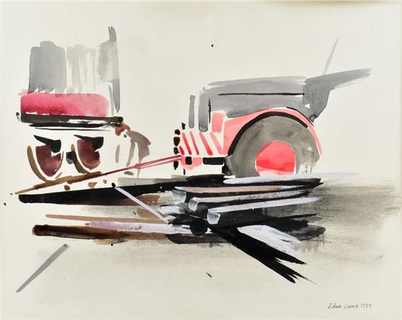 'Tractor Pulling Coach Sideways-Clapham ' by Edna Lumb, dated 1975