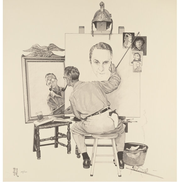 Artwork by Norman Rockwell, Triple Self Portrait, Made of Lithograph in colors on paper