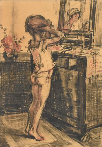 Girl at her Mothers Dressing Table, portrait of a girl wearing a blue shirt and blue bow in her hair before a waterside by Alfred Palmer