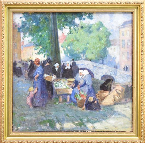 A canalside market scene in Bruges by Alfred Palmer