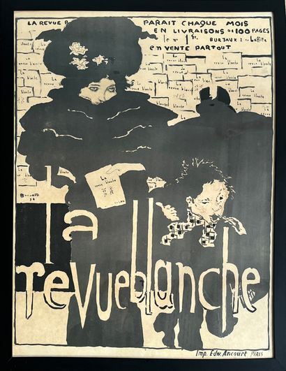 A high-contrast black-and-white poster featuring a large, shadowed figure and a smaller child-like figure against a background of newspaper clippings.