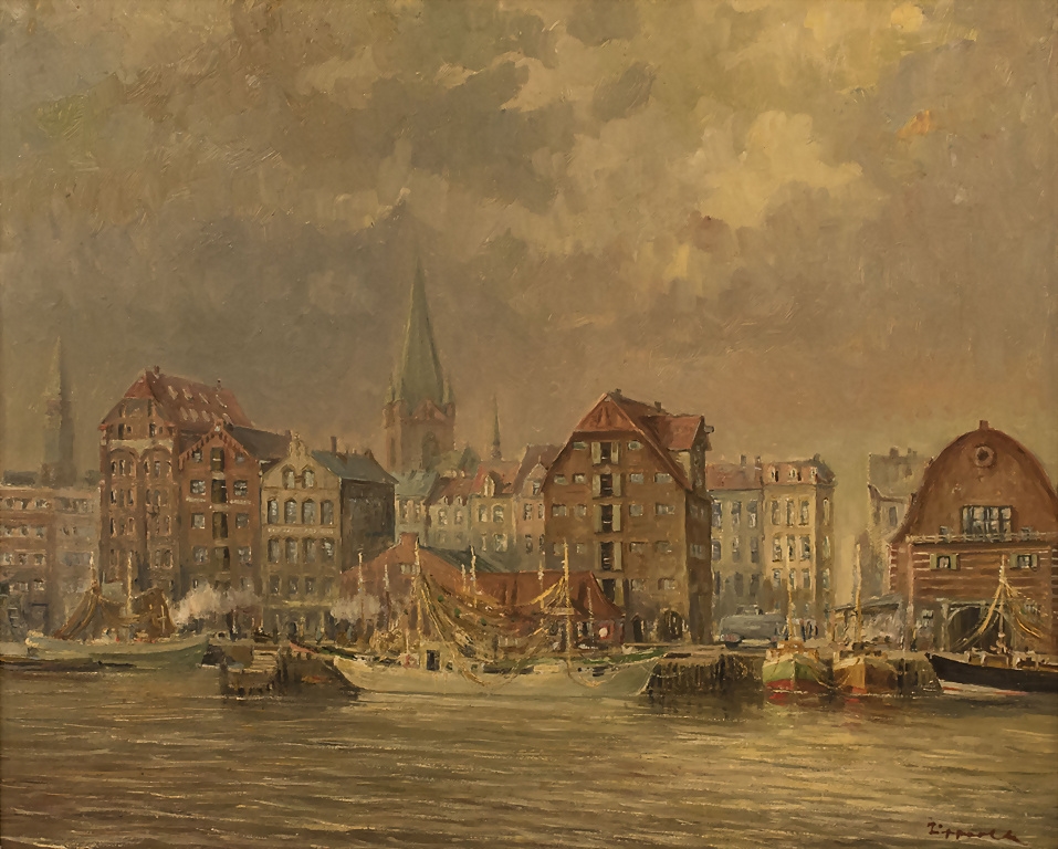 Artwork by Ewald Lifferth, Ansicht von Kiel / View of Kiel, Made of oil on fiberboard