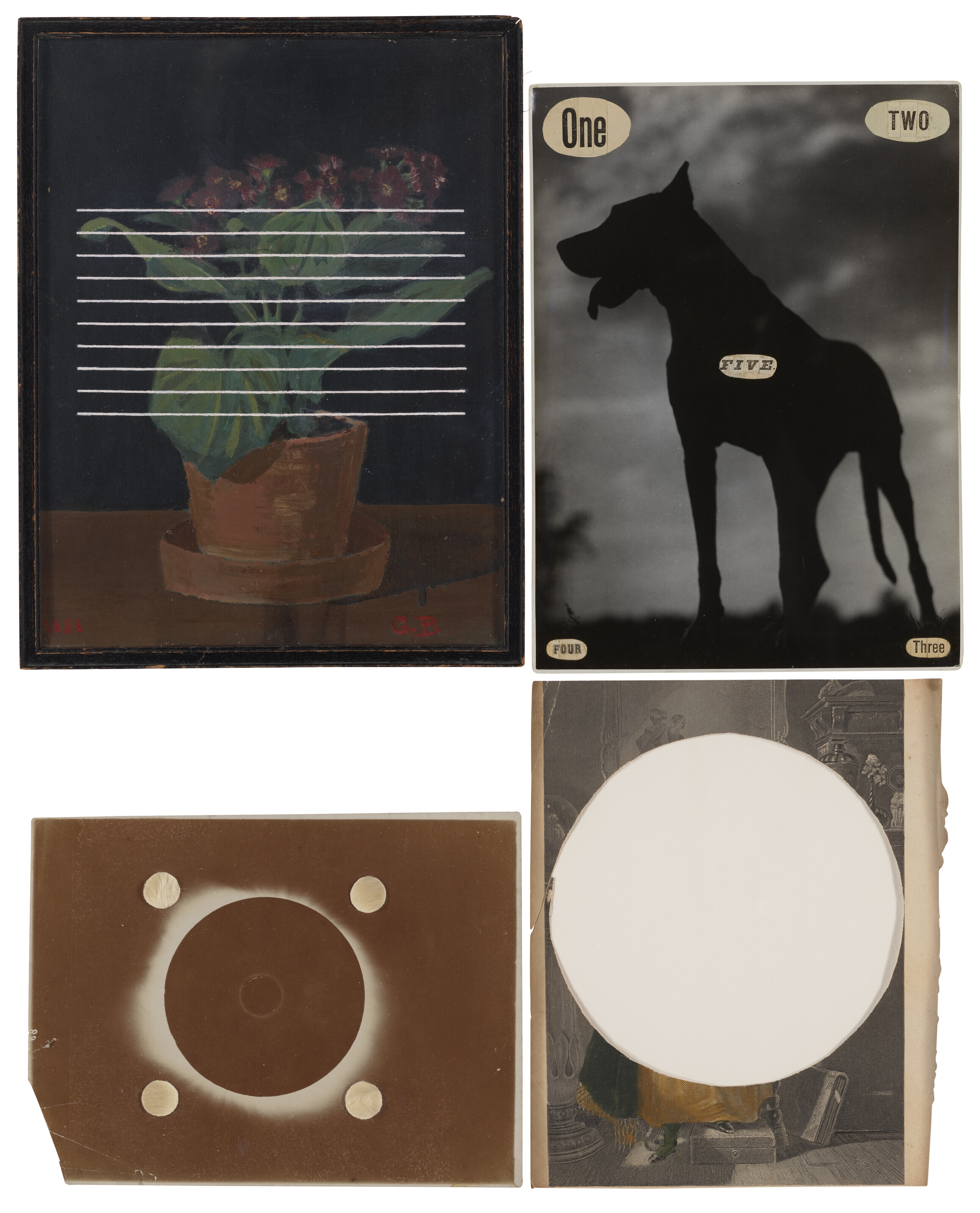 Artwork by Andrew Masullo, 1765.; 1797.; 1856.; 1941. [Four Works], Made of oil on found painting, in artist's frame; paper collage on photograph; ermine fur on photograph; watercolor on cut printed paper