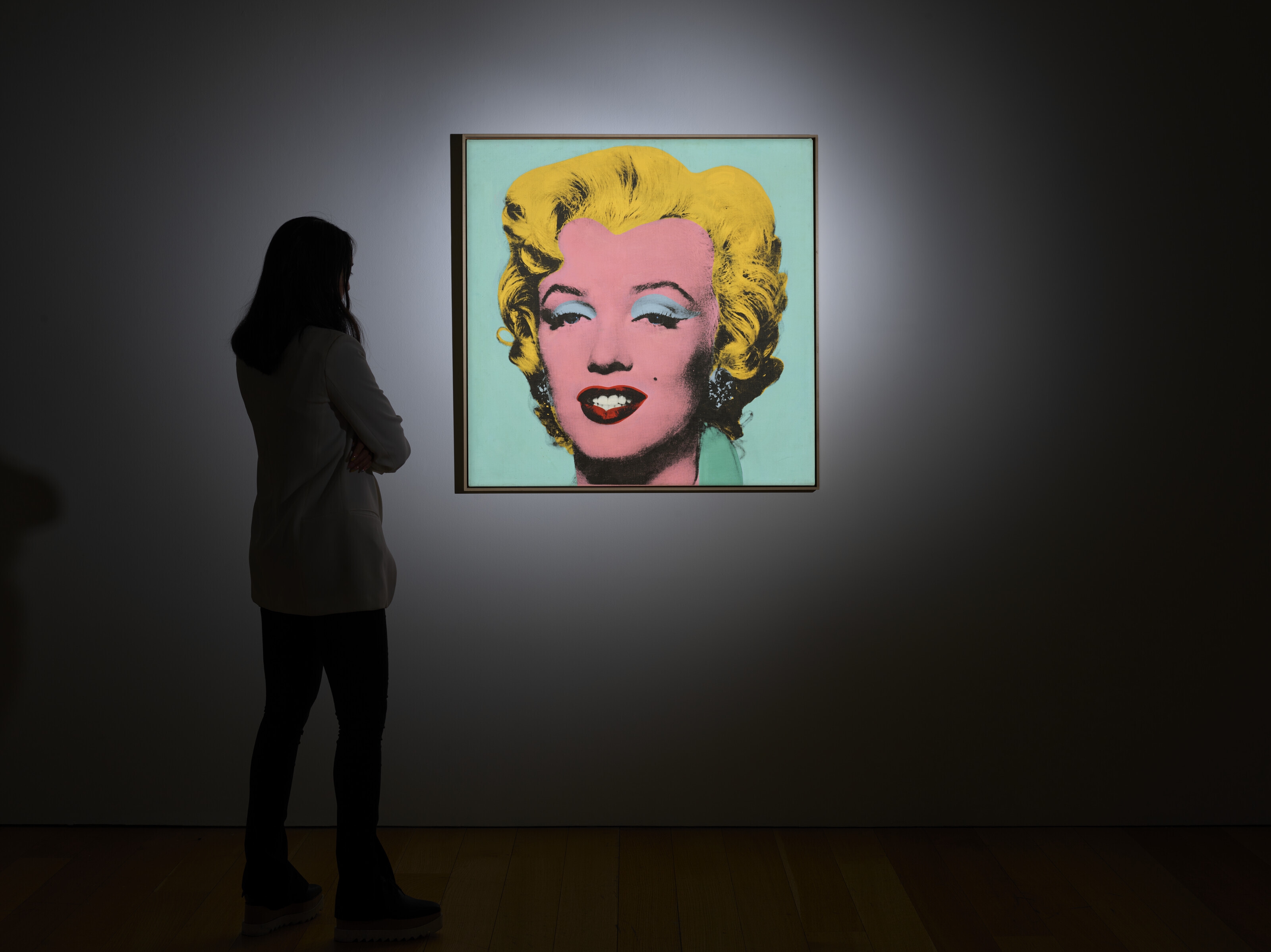 Artwork by Andy Warhol, Shot Sage Blue Marilyn, Made of acrylic and silkscreen ink on linen