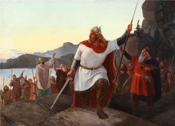 A dramatic historical painting of a bearded king in white robes raising a sword and spear before a gathered crowd.