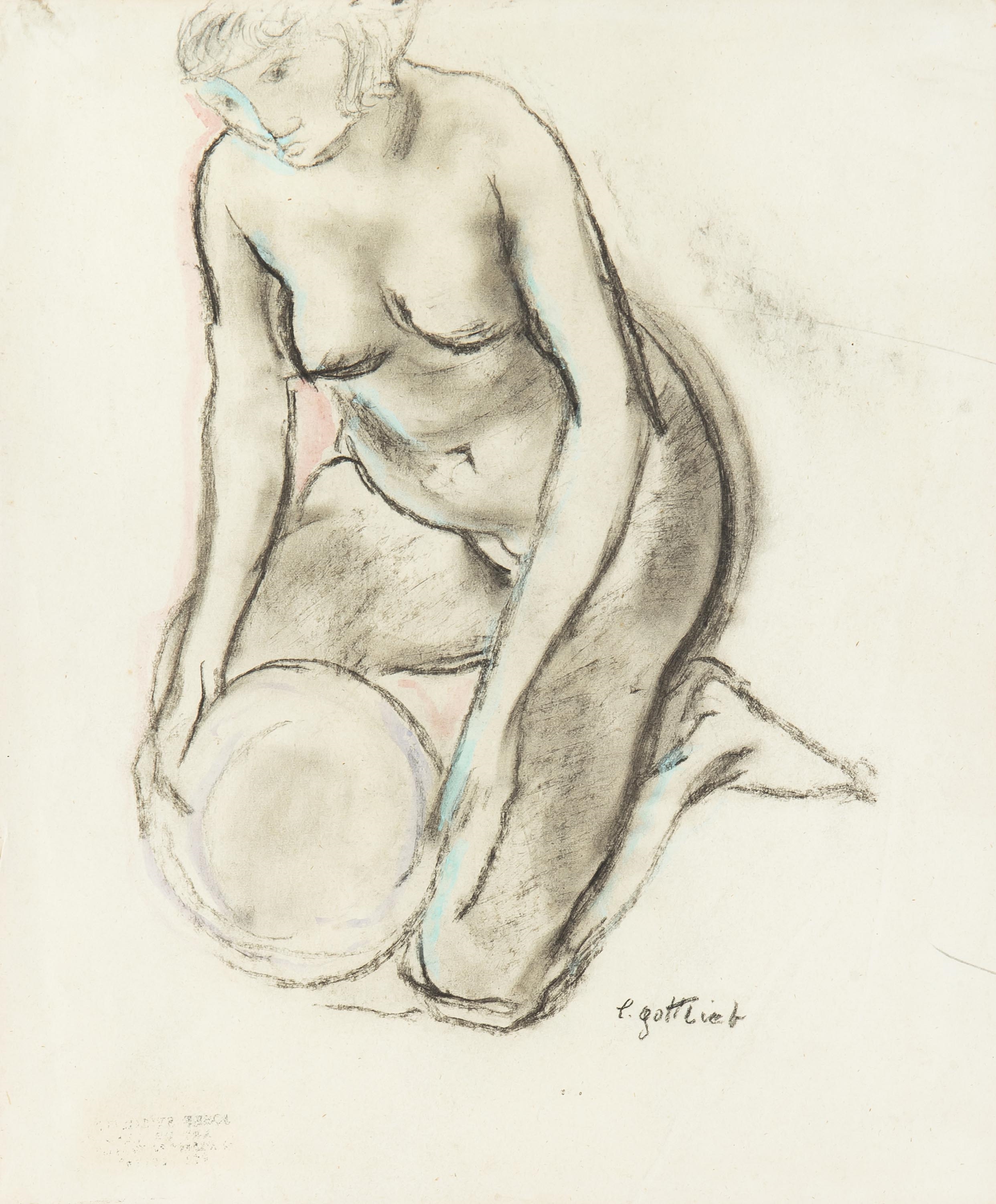 Artwork by Leopold Gottlieb, Akt klęczący, Made of tech. mixed, cardboard