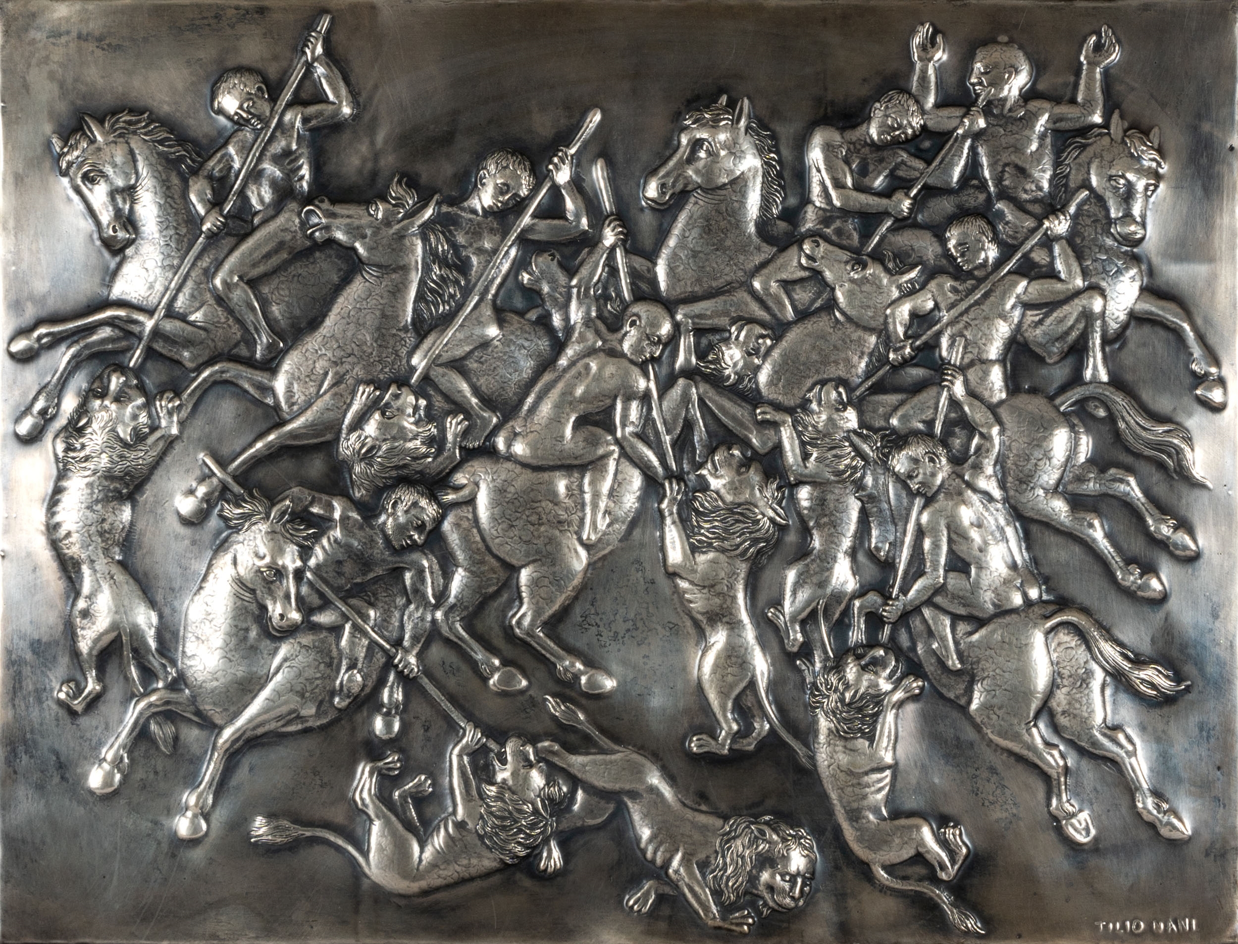 Artwork by Attilio Nani, Couple of basreliefs: Hunt for lion and Last supper, Made of embossed metal