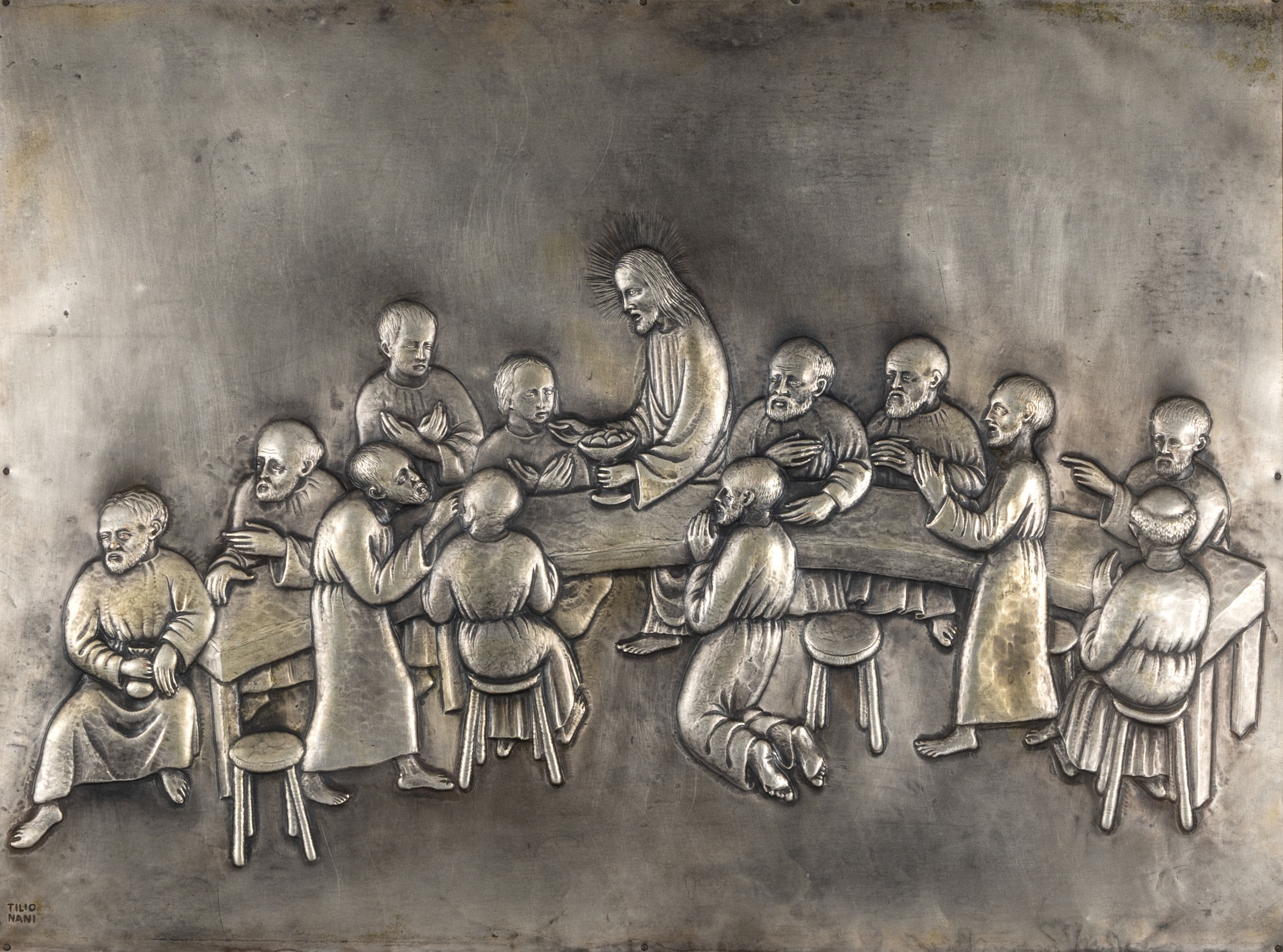 Artwork by Attilio Nani, Couple of basreliefs: Hunt for lion and Last supper, Made of embossed metal