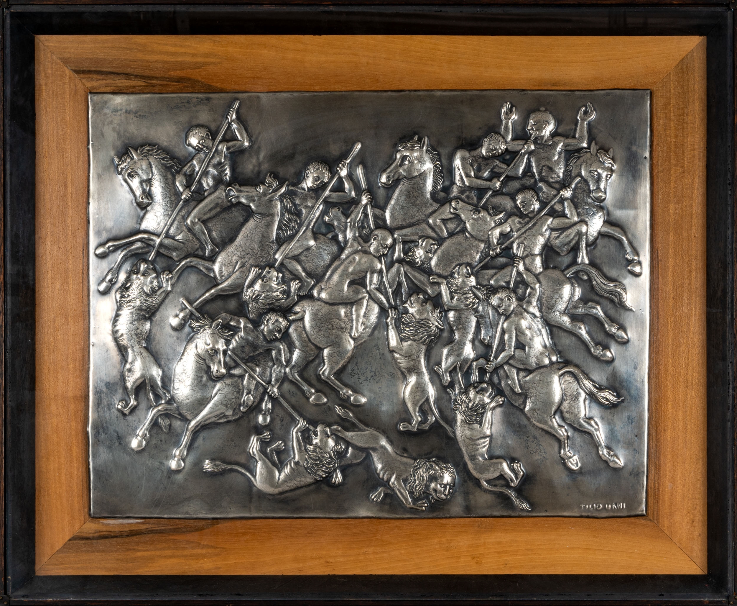 Artwork by Attilio Nani, Couple of basreliefs: Hunt for lion and Last supper, Made of embossed metal