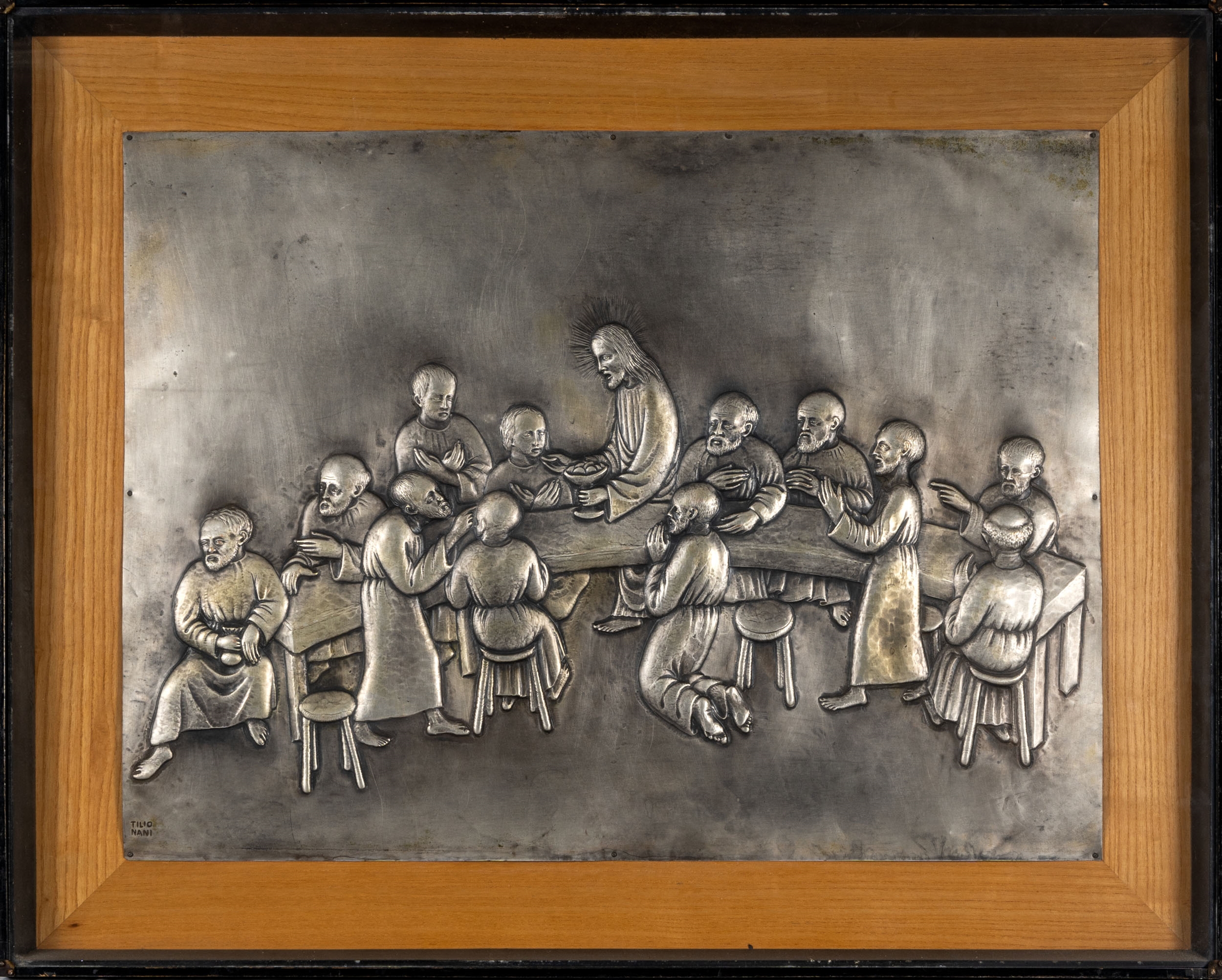 Artwork by Attilio Nani, Couple of basreliefs: Hunt for lion and Last supper, Made of embossed metal