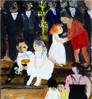 A vibrant, impressionistic painting of a crowded social gathering featuring figures in formal wear and children.