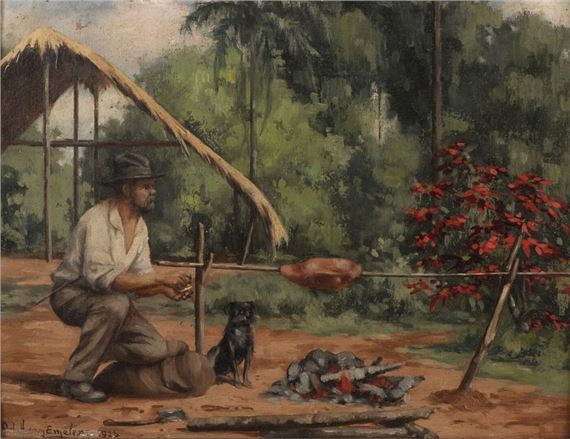 Man cooking on a spit in an exotic forest by Adrien Henri van Emelen, dated 1926