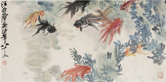 中国美術　汪亞塵　肉筆画　金魚 汪亚尘金鱼四屏，栩栩如生