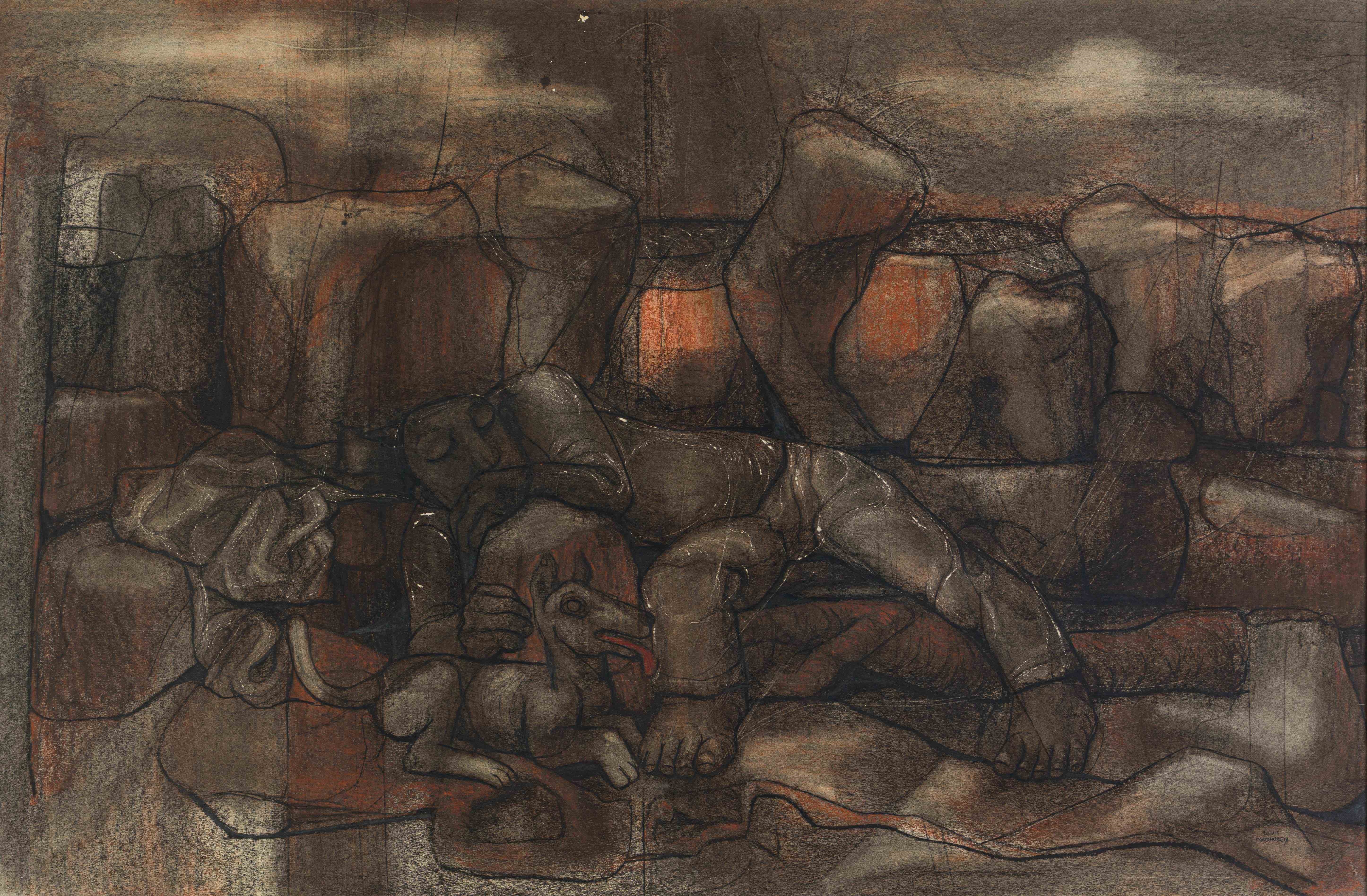 Artwork by Louis Maqhubela, The Traveller, Made of charcoal and pastel on paper