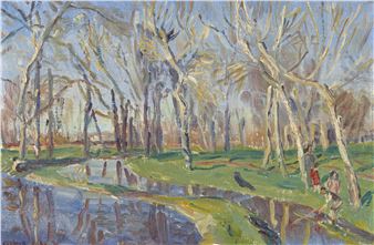 A serene landscape painting of a park with bare trees, a stream, and figures in the distance.