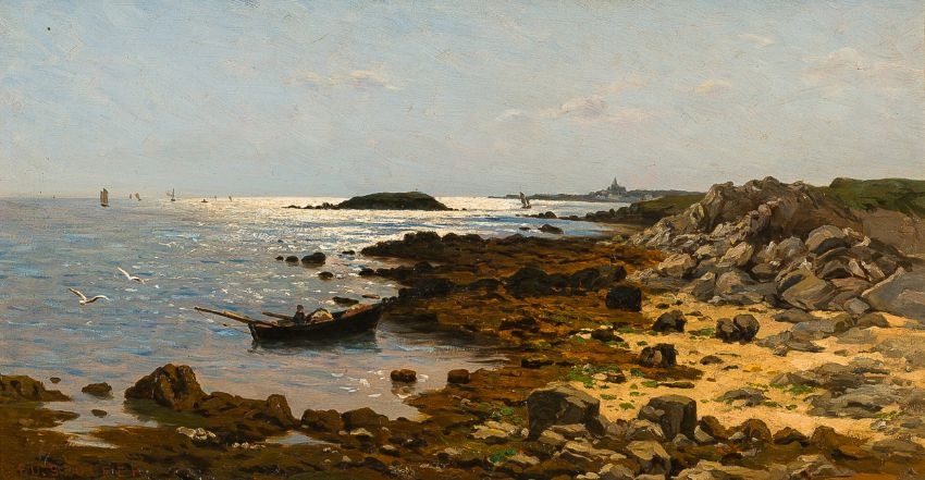 Artwork by Eduard Spoerer, Rocky seashore, Made of oil on cardboard