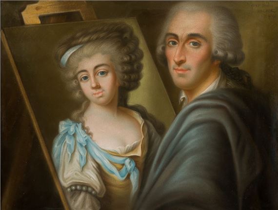 Self-portrait in front of easel with portrait of a lady - Sebastian Gratise