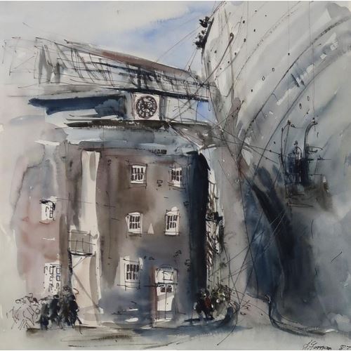 A watercolor study of a narrow alleyway with a clock tower and large ship hull.