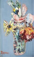 Artwork by Lea Mrázová, KVETY V POHÁRI, Made of oil on fiberboard