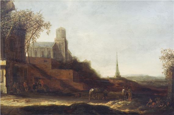 A landscape with figures near a church by Balthasar van der Veen