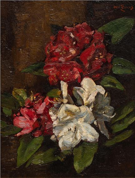 A still life of white and red rhododendrons by Wilhelmus Hendrikus Petrus Johannes de Zwart, circa 1895
