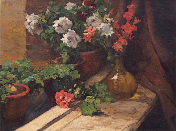 A still life of gladioli and peonies in various pots by Wilhelmus Hendrikus Petrus Johannes de Zwart