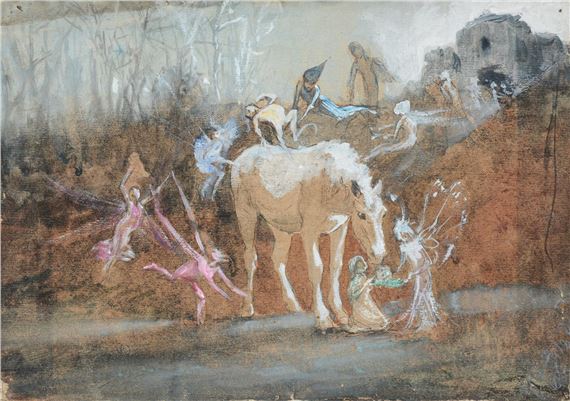 FAIRIES PLAYING WITH A HORSE / FAIRIES PLAYING WITH A COW / A BIRD BY A NEST by John Anster Fitzgerald, dated 1888
